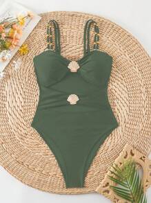 Swim Chiccia 女士纯色露背金属装饰镂空度假沙滩泳衣 - 綠色 - 查看 3