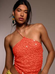 MUSERA Halter Neck Sequin V Hem Top Party,Spring, Summer, Ibiza, Holiday, Cute, Festival, Vacation Beachwear, Beach, Boho Cute Summer Tops Festival Holiday Festival Rave Night Out Going Out Tops Club Fall