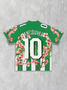 ROMWE MEN Prep 男士足球花卉印花短袖T恤，日常穿着 - 綠色 - 查看 2