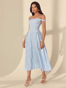 Almamuse Women's Elegant Jacquard Off Shoulder Long Dress - Blue - View 8