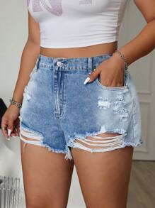 SHEIN ICON 大码女式时尚休闲水洗破洞牛仔短裤