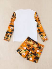 Conjunto de traje de baño de manga larga con estampado de palmeras lindo para niños, ideal para vacaciones en la playa en verano - Amarillo - Ver 2
