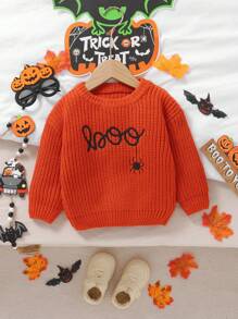 SHEIN Vintaside Kids 男婴休闲万圣节南瓜色针织毛衣，带英文字母和蜘蛛印花，柔软舒适，适合日常穿着、郊游、旅行、度假、居家、日托、玩耍、派对、万圣节