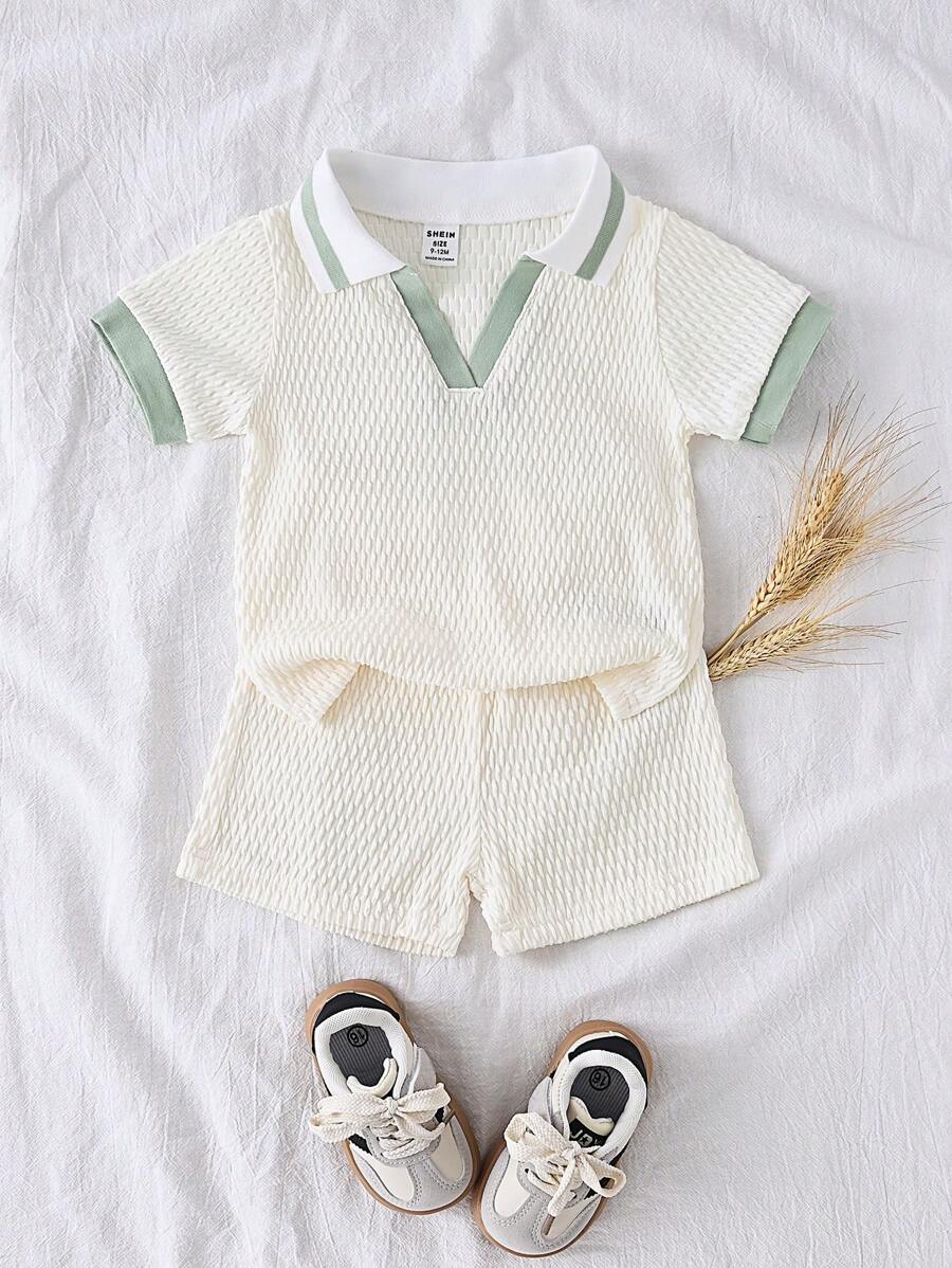 SHEIN Vintaside Kids 男婴夏季绿色套装,有领短袖上衣搭配短裤,简约风格无印花,宽松版型,适合外出、休闲装和轻运动 - 杏色 - 查看 1