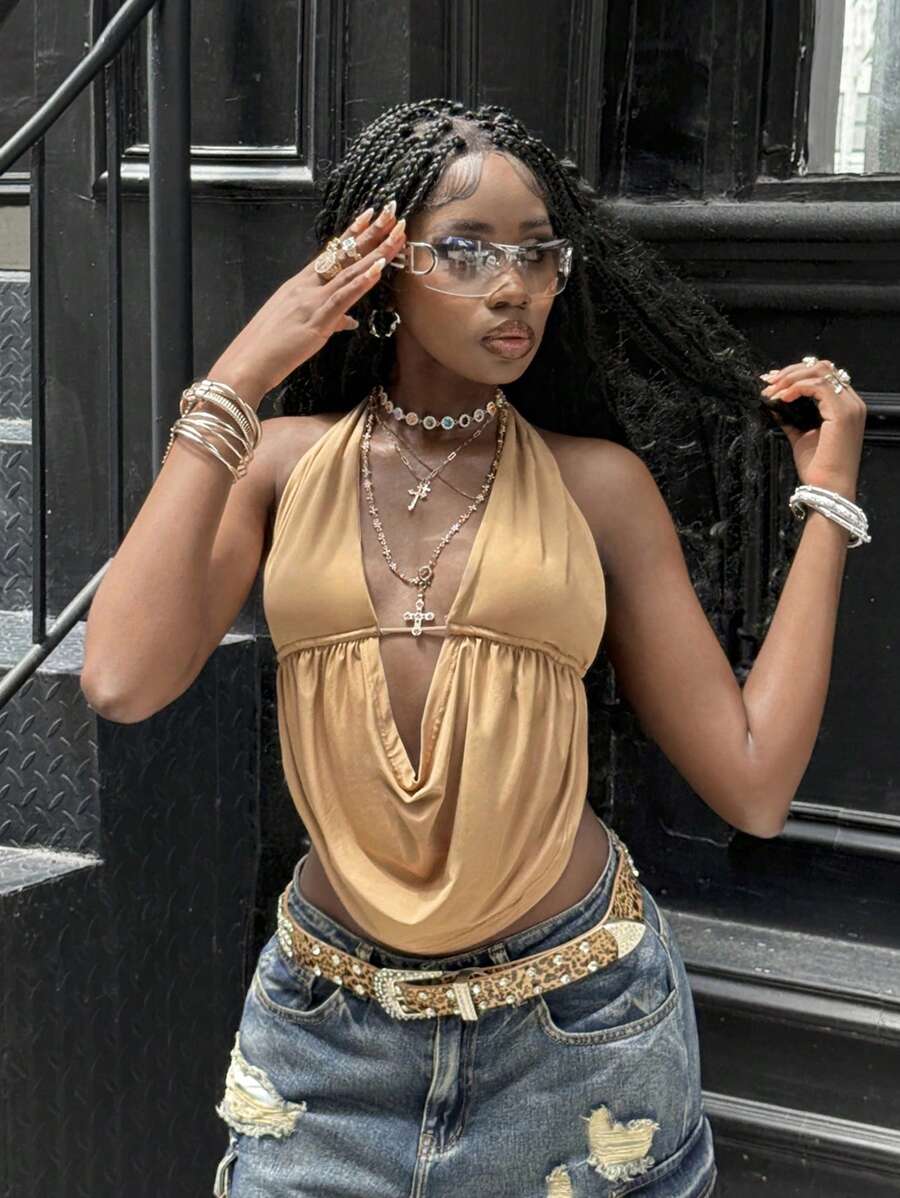 Coolane Damen Sommer Streetwear Cool-Girl Konzert Rave Ausgehen Urlaub Trägertop - Khaki - Übersicht 1