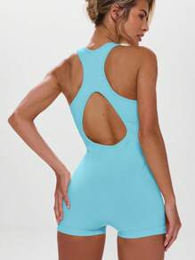 Musera Sport Round Neck Cut Out Back Half Zip Seamless Unitard Active Workout Gym Fitness - Baby Blue - View 3
