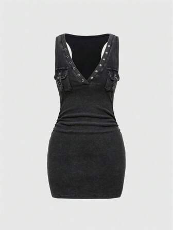 Grunge Punk Vintage verwaschenenes, abgenutztes V-Ausschnitt Bodycon Minikleid mit Tasche, Raffung an der Taille, kurze Ärmel, in Schwarz und Grau, für Damen