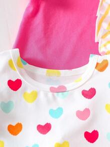 SHEIN Playful Pals 3 件套彩色心形条纹印花荷叶边下摆圆领套头 T 恤，柔软舒适，休闲可爱设计，适合春夏季 - 彩色 - 查看 7