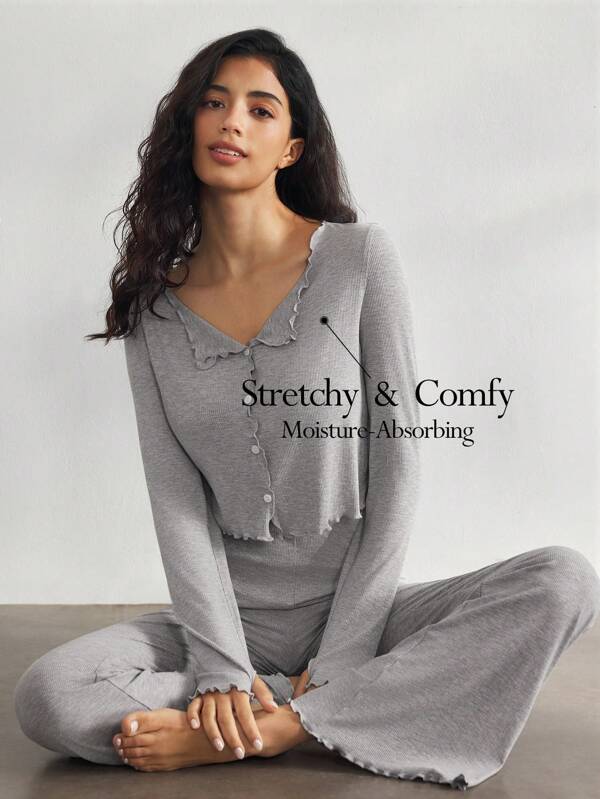 Ocili Ocili Leisure 2pcs Soft Cotton Shell Button Front Long Sleeve Top And Pleated Long Pants Ladies Pajama Set Holidayseason