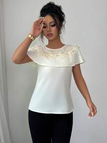 Elenzga Women's Elegant Summer 3D Floral Ruffle Trim Round Neck Blouse - Apricot - View 6