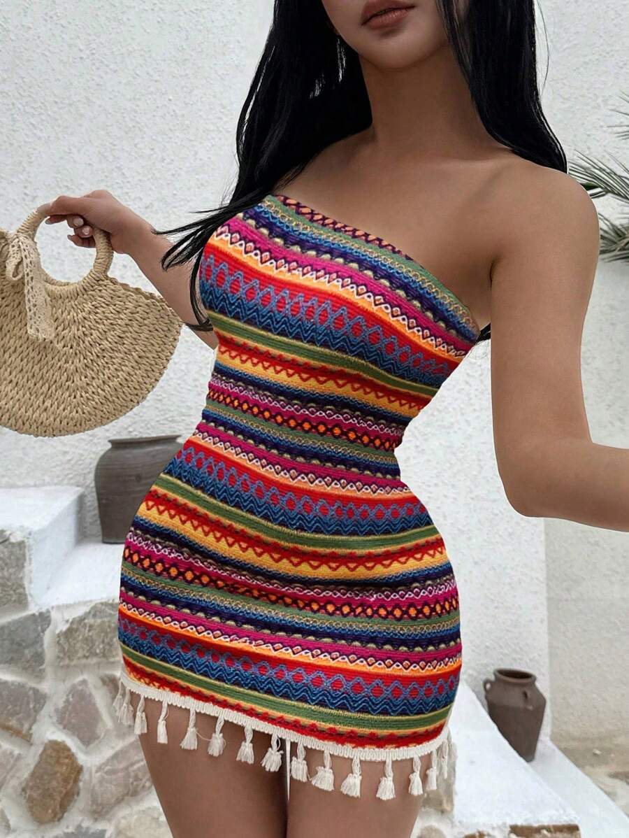 Sunnyshic Vestido entallado con dobladillo de volantes, diseño de cintura ajustada y flecos, de estilo vacacional europeo y estadounidense. - Multicolor - Ver 1