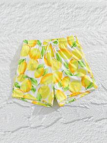 Summer Casual Lemon Random Print Men Beach Shorts - Yellow - View 5
