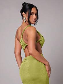 Silquee Women's Sleeveless Braid Ruffle Asymmetrical Hem Tank Top, Suitable For Commute, Daily Wear, Vacation, Beach, Bikini Cover-Up, Night Out, Sisterhood Gathering, Beach Party, Pool Party, Spring/Summer Green One Shoulder Top One Shoulder Tops Green Top - Olive Green - View 5