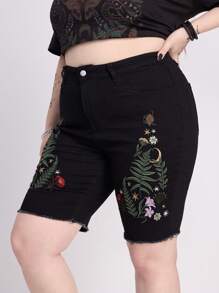 ROMWE EDITION 自然风哥特度假刺绣紧身大码牛仔短裤 - 黑色 - 查看 7