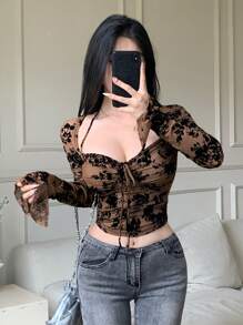 DAZY 女士春夏荷叶边抽绳系带吊带背心度假修身植绒全图案碎花短款上衣 T 恤网眼长袖，秋季女装 - 棕色 - 查看 6