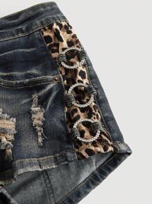 ROMWE J-Fashion Quần short denim cạp siêu thấp họa tiết da báo bó sát cỡ lớn dành cho nữ Kpop Y2K Gyaru Retro - Màu xanh lam - Xem 4