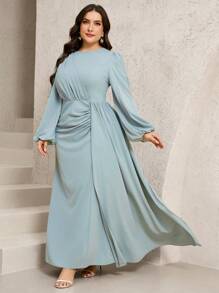 Veilorie Plus Size Women Elegant Simple Solid Color Lantern Sleeve Draped Front Waisted Dress - Green - View 6