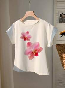 SHEIN EZwear Women's Casual Simple Cropped Short Sleeve Round Neck Loose T-Shirt Graphic Tee - White - View 3