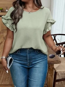 Weeklong Plus Solid Ruffle Trim Blouse BASICS - Green - View 1