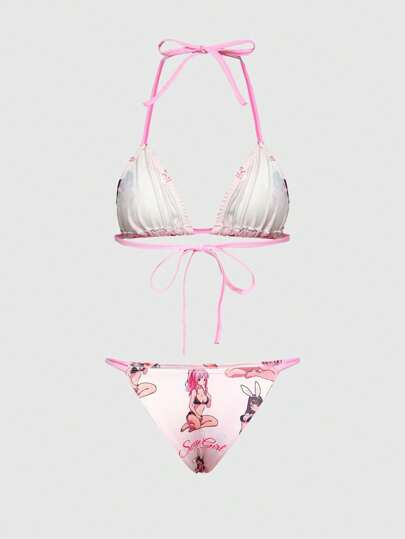 Anime 2-Piece Anime Girl Design Wireless Bow-Tie Swimsuit Lingerie Set