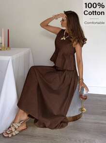 Siren Gaze 女士奢华提花 A 字形抗皱荷叶边下摆无袖衬衫和迷你裙套装