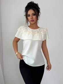 Elenzga Women's Elegant Summer 3D Floral Ruffle Trim Round Neck Blouse - Apricot - View 5