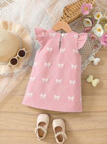 SHEIN 女婴纹理蝴蝶结前片甜美梦幻蓝色连衣裙 - 淺粉色 - 查看 2