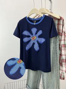 Women Summer Flower Pattern Embossed Contrast Color Round Neck Casual T-Shirt - Navy Blue - View 3