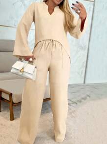 INAWLY Set de 2 piezas de camisa de manga larga holgada y pantalones rectos informales