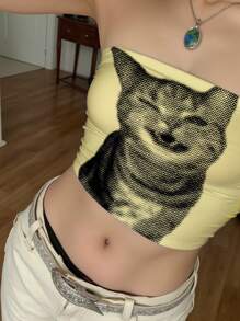 INAWLY Women's Regular Cat Hottie Sexy Y2k American Simple Animal Cat Gift Pattern Printed Tube Top