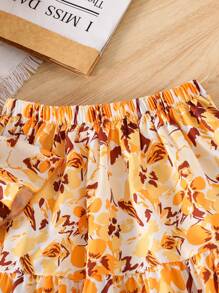2pcs Girls Graphic Print Top And Color Block Skirt Set - Yellow - View 5