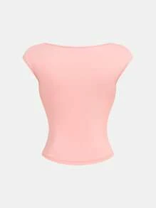 SHEIN Teen Girl Solid Color Ruched Bust Casual T-Shirt, Back To School , Cute, Holiday Family Outdoor Spring Picnic Everyday Wear, Suitable For Various Occasions Cute Top