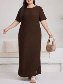 Modelyn 大码女式夏季纯色圆领短袖休闲宽松连衣裙 - 咖啡棕 - 查看 1