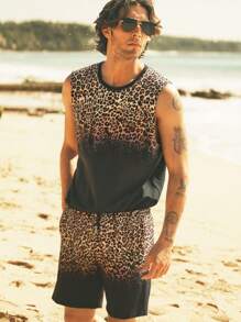 Manfinity VCAY 2 件套男士渐变色豹纹无袖背心套装，休闲夏季套装 - 黑色 - 查看 1