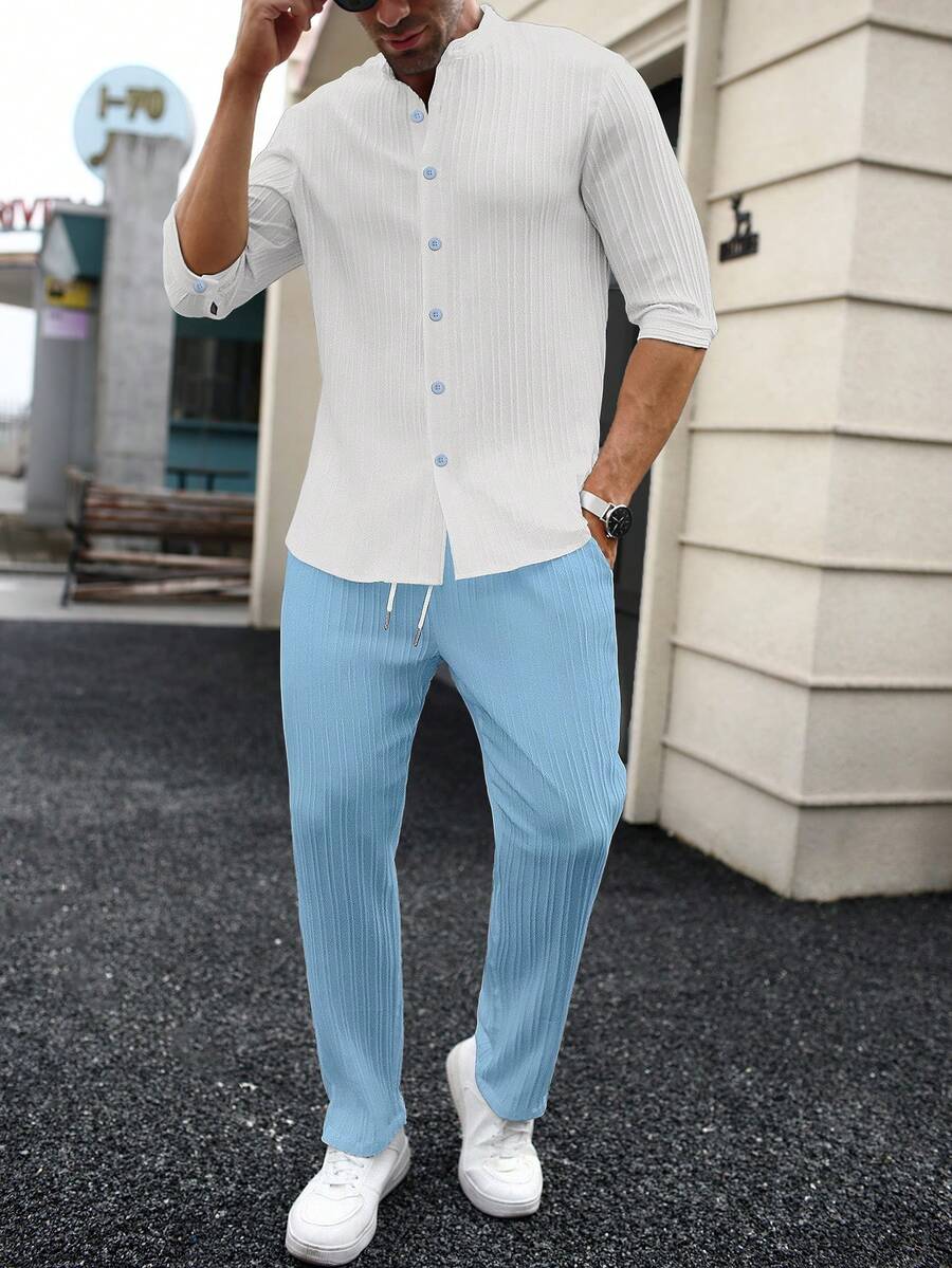 Manfinity Homme Men Solid Color Single-Breasted 3/4 Sleeve Shirt And Pants Casual Suit, Fall Clothes - Multicolor - View 1
