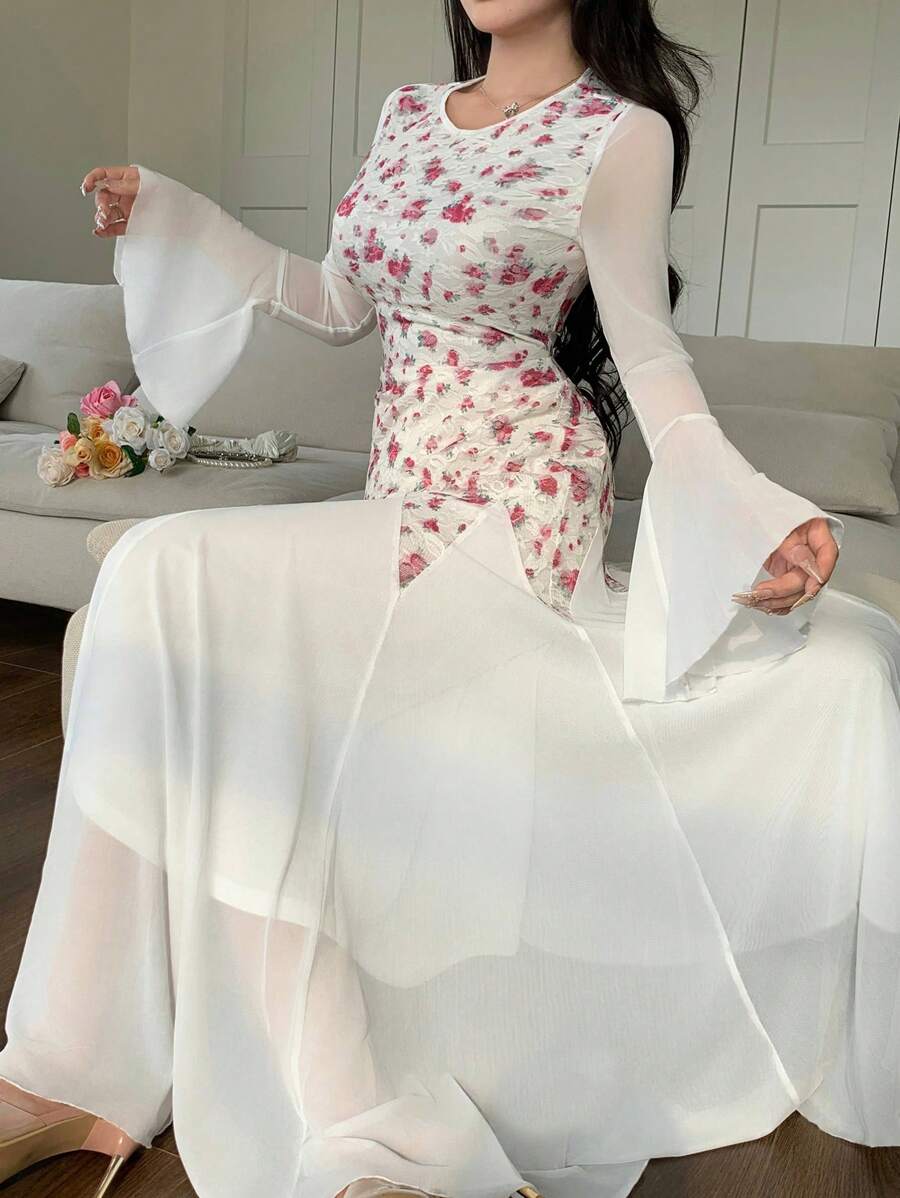 Modelyn 女式花卉印花圆领喇叭袖蕾丝边修身摆裙,春夏 - 彩色 - 查看 1