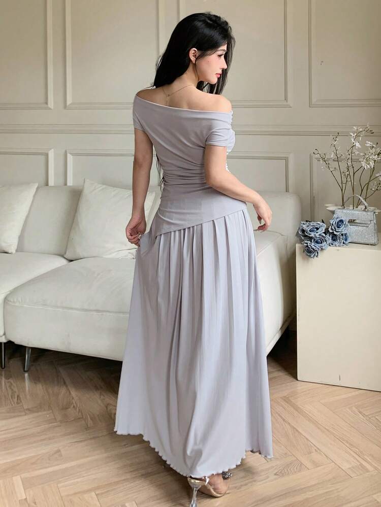 Spring/Summer Fitted Solid Color Minimalist Tie-Up Off Shoulder Top And Asymmetric Hem A-Line Skirt 2 Pieces Set For Women