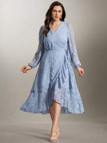 Flouryn Elegant Jacquard Knit Plus Size Dress - Blue - View 3