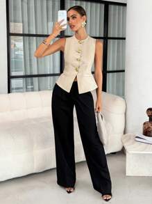 Lavishia 法式风女无袖背心通勤金属大纽扣衬衫夏季波西米亚机场夏装夏季碎花纽扣纯色紧身优雅 - 彩色 - 查看 5