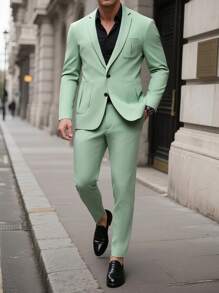 Manfinity Bizformal 2pcs/Set Men's Casual Business Simple Solid Color Long Sleeve Blazer And Pants Suit Mint Green Suit Men Green Suit Slim Fit Suit Men Summer Suit Green 2 Pieces Suit Men, Old Money Style - Olive Green - View 1