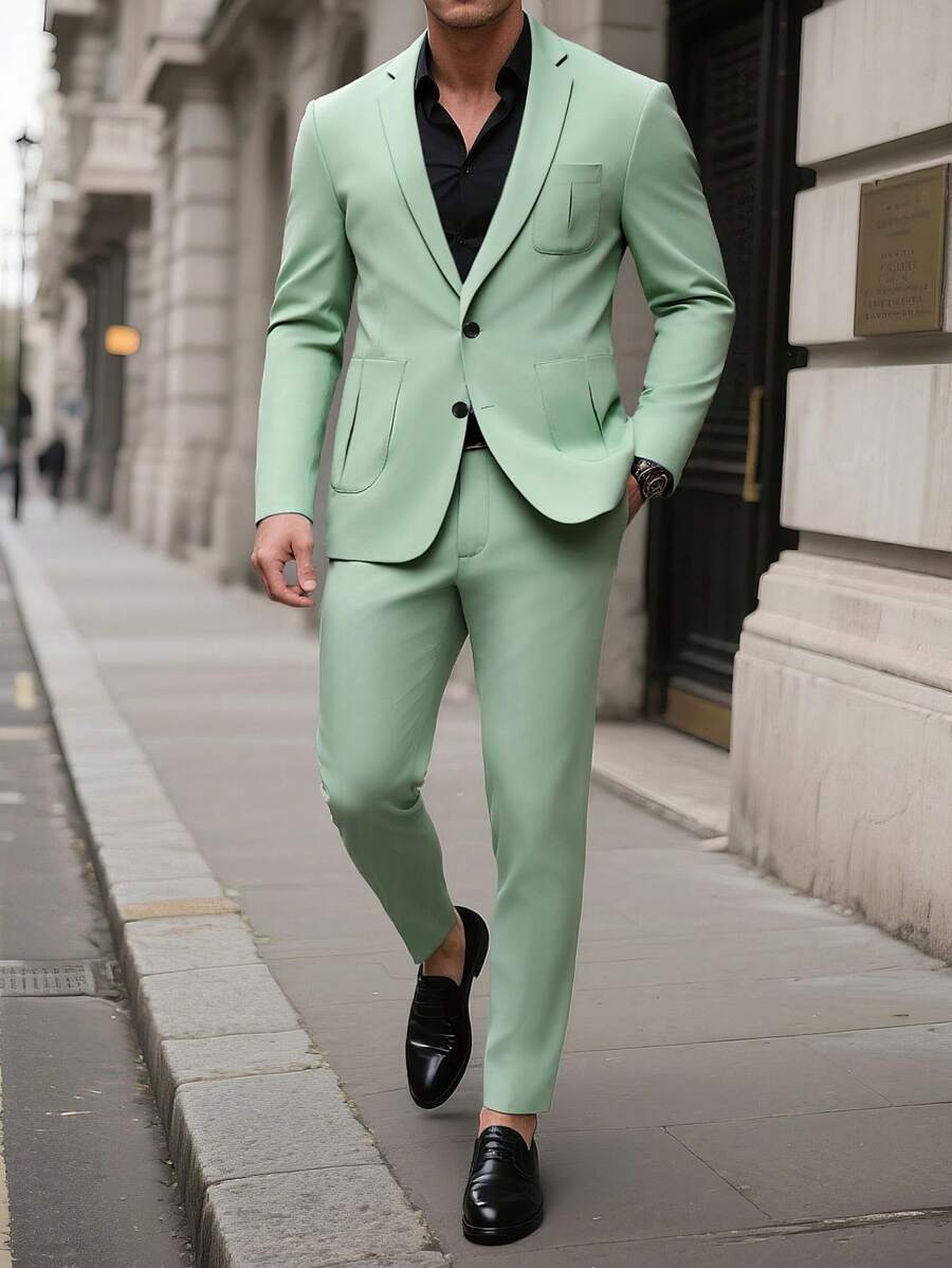 Manfinity Bizformal 2pcs/Set Men's Casual Business Simple Solid Color Long Sleeve Blazer And Pants Suit Mint Green Suit Men Green Suit Slim Fit Suit Men Summer Suit Green 2 Pieces Suit Men, Old Money Style - Olive Green - View 1
