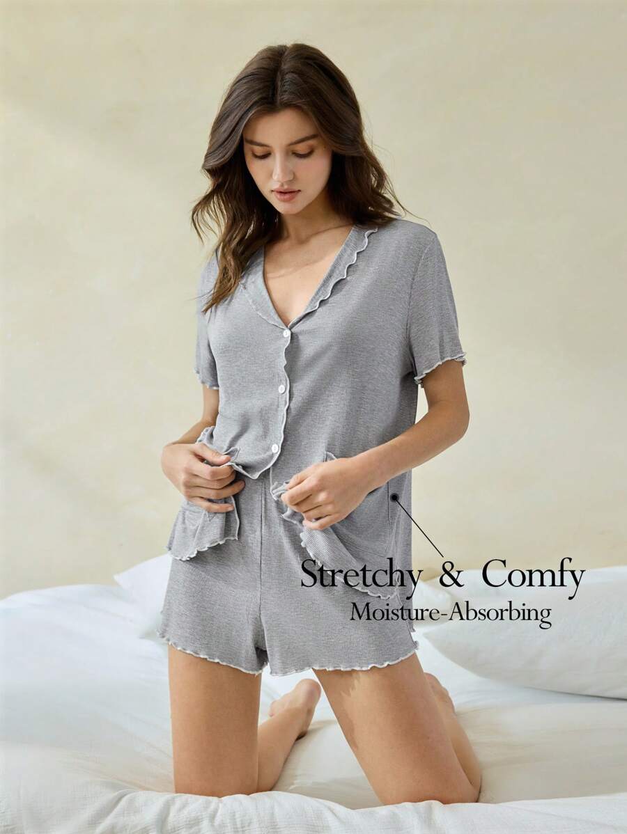 Ocili Leisure Soft Ribbed Cotton Splice Ruffled Trim Short Sleeve & Shorts Pajama Set For Women