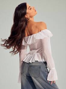 SHEIN Tall 春夏纯白色性感浪漫单肩荷叶边长袖不对称吊带荷叶边下摆女士长袖淑女衬衫、度假旅行衬衫、情人节衬衫、甜美浪漫衬衫、日常通勤衬衫、公主衬衫、白衬衫、生日衬衫、婚礼伴娘礼服衬衫 - 白色 - 查看 2