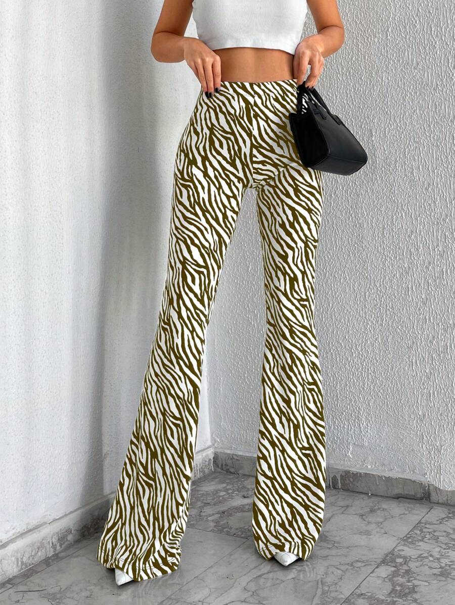 EURMUSE Women's Elastic Waist Zebra Print Flare Pants - Army Green - View 1
