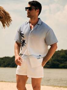 Manfinity Swimmode Men's Palm Tree Print Short Sleeve Shirt And Shorts Beach Outfit - Light Grey - View 7