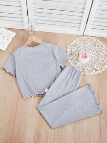 2 件套青少年女孩休闲修身灰色短袖上衣，搭配可爱粉色蝴蝶结和灰色喇叭裤，家居服 - 灰色 - 查看 2