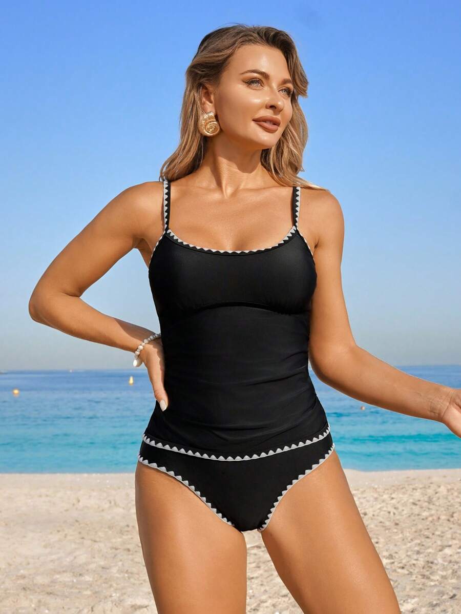 Swim Lushoire 2 件套夏季海滩纯色细肩带无袖钩针边缘高腰分体泳衣上衣和比基尼下装泳衣，女士度假风格