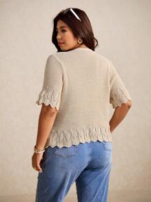 Elaquor Plus Size Women Casual Vacation Style Simple Solid V-Neck Shell Trim Single-Breasted Cardigan Sweater Summer Spring - Apricot - View 2