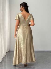 Elenzga 大码女式优雅浪漫化装派对、婚礼宾客礼服、V 领裹身式、荷叶边袖、高开衩、金属光泽、短袖长裙 - 金色 - 查看 3