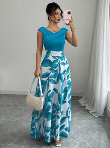 Elenzga Váy xòe in họa tiết chắp vá cổ chữ V giản dị cho nữ, màu xanh lam - Màu xanh ngọc - Xem 3